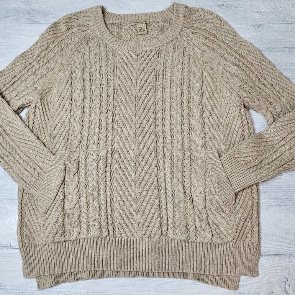 Vertical Design Camel Cream Eggshell Cable Knit Sweater w/ Front Pockets EUC! XL
